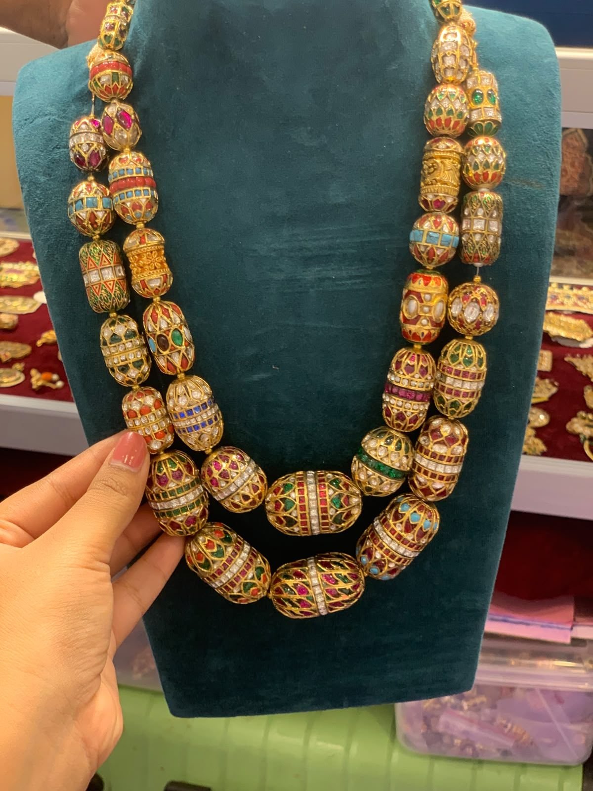 Hand-strung gold bead necklace, part of a custom order